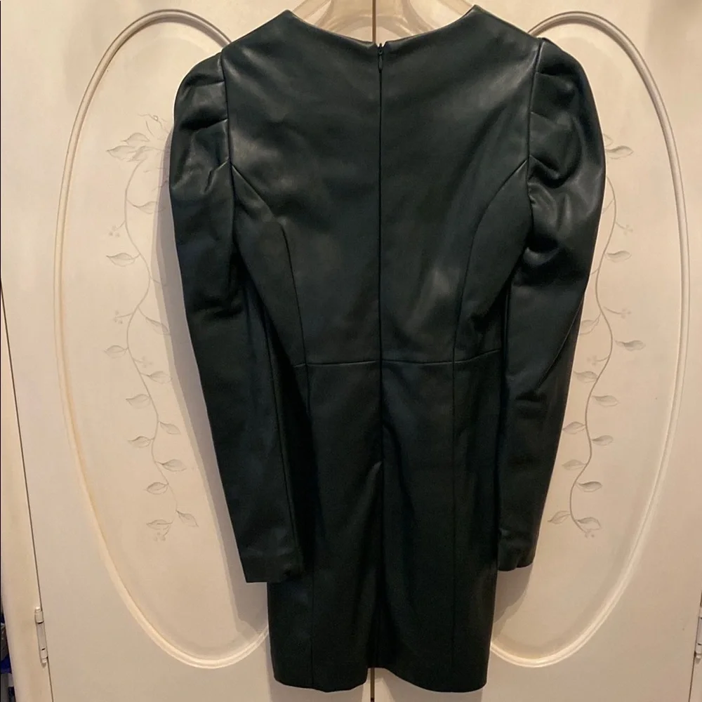 Aqua dark green vegan leather Sheath Dress with Puff Sleeves and V-Neck - Picture 4 of 4